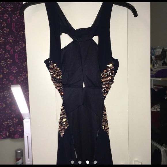 Navy Blue Encrusted Halter Open Back Cut Out Dress | size 0 - Picture 4 of 4